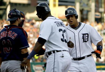 DETROIT - JULY 08:  Miguel Cabrera #24 of the Detroit Tigers celebrates a third inning home run with Marcus Thames #33 while playing the Cleveland Indians on July 8, 2008 at Comerica Park in Detroit, Michigan.  (Photo by Gregory Shamus/Getty Images)