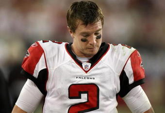 GLENDALE, AZ - JANUARY 03:  Quarterback Matt Ryan #2 of the Atlanta Falcons reacts on the sidelines during the NFC Wild Card Game against the Arizona Cardinals on January 3, 2009 at University of Phoenix Stadium in Glendale, Arizona. The Cardinals defeated the Falcons 30-24.  (Photo by Jed Jacobsohn/Getty Images)
