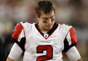 GLENDALE, AZ - JANUARY 03:  Quarterback Matt Ryan #2 of the Atlanta Falcons reacts on the sidelines during the NFC Wild Card Game against the Arizona Cardinals on January 3, 2009 at University of Phoenix Stadium in Glendale, Arizona. The Cardinals defeated the Falcons 30-24.  (Photo by Jed Jacobsohn/Getty Images)