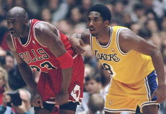 1 Feb 1998:  Guard Michael Jordan of the Chicago Bulls (left) and guard Kobe Bryant of the Los Angeles Lakers look on during a game at the Great Western Forum in Inglewood, California.  The Lakers won the game, 112-87. Mandatory Credit: Jed Jacobsohn  /Al