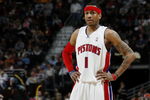 CLEVELAND - FEBRUARY 22:  Allen Iverson #1 of the Detroit Pistons looks on while playing the Cleveland Cavaliers on February 22, 2009 at the Quicken Loans Arena in Cleveland, Ohio. Cleveland won the game 99-78. NOTE TO USER: User expressly acknowledges and agrees that, by downloading and or using this photograph, User is consenting to the terms and conditions of the Getty Images License Agreement.  (Photo by Gregory Shamus/Getty Images)