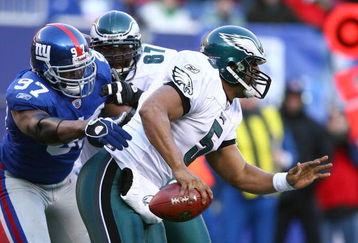 EAST RUTHERFORD, NJ - JANUARY 11:  Quarterback Donovan McNabb #5 of the Philadelphia Eagles scrambles in the pocket during the NFC Divisional Playoff Game against the New York Giants on January 11, 2009 at Giants Stadium in East Rutherford, New Jersey.  The Eagles defeated the Giants 23-11. (Photo by Al Bello/Getty Images)