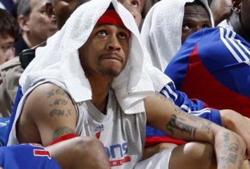 CLEVELAND - FEBRUARY 22: Allen Iverson #1 of the Detroit Pistons looks on from the bench during a loss to the Cleveland Cavaliers on February 22, 2009 at the Quicken Loans Arena in Cleveland, Ohio. Cleveland won the game 99-78. NOTE TO USER: User expressly acknowledges and agrees that, by downloading and or using this photograph, User is consenting to the terms and conditions of the Getty Images License Agreement.  (Photo by Gregory Shamus/Getty Images)