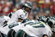 GLENDALE, AZ - JANUARY 18: Quarterback Donovan McNabb #5 of the Philadelphia Eagles looks down the line during the NFC championship game against the Arizona Cardinals on January 18, 2009 at University of Phoenix Stadium in Glendale, Arizona. (Photo by Jed Jacobsohn/Getty Images)