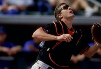 6 Mar 1998:  Catcher Brent Mayne of the San Francisco Giants in action during a spring training game against the Arizona Diamondbacks at the Tucson Electric Stadium in Tucson, Arizona.  The Diamondbacks won the game, 11-7. Mandatory Credit: Jeff Carlick