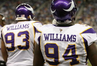 DETROIT - DECEMBER 07:  (L-R) Kevin Williams #93 and Pat Williams #94 of the Minnesota Vikings watch from the sidelines during the NFL game against the Detroit Lions at Ford Field on December 7, 2008 in Detroit, Michigan.  The Vikings defeated the Lions 20-16. (Photo by Christian Petersen/Getty Images)