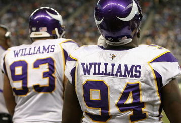DETROIT - DECEMBER 07:  (L-R) Kevin Williams #93 and Pat Williams #94 of the Minnesota Vikings watch from the sidelines during the NFL game against the Detroit Lions at Ford Field on December 7, 2008 in Detroit, Michigan.  The Vikings defeated the Lions 20-16. (Photo by Christian Petersen/Getty Images)
