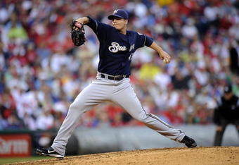 PHILADELPHIA - OCTOBER 01:  Manny Parra #43 of the Milwaukee Brewers pitches in Game 1 of the NLDS Playoff against of the Philadelphia Phillies at Citizens Bank Ballpark on October 1, 2008 in Philadelphia, Pennsylvania  (Photo by Jeff Zelevansky/Getty Images)