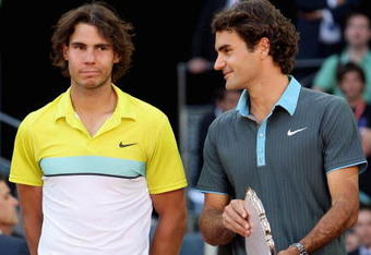 MADRID, SPAIN - MAY 17:  Roger Federer of Switzerland and Rafael Nadal of Spain after the men's final during the Madrid Open tennis tournament at the Caja Magica on May 17, 2009 in Madrid, Spain.  (Photo by Clive Brunskill/Getty Images)