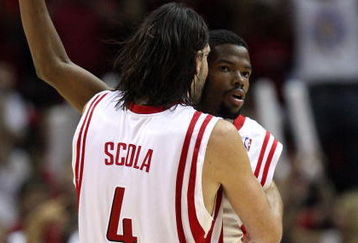 HOUSTON - MAY 10:  Guard Aaron Brooks #0 celebrates a three-point shot with Luis Scola #4 of the Houston Rockets against the Los Angeles Lakers in Game Four of the Western Conference Semifinals during the 2009 NBA Playoffs at Toyota Center on May 10, 2009 in Houston, Texas. NOTE TO USER: User expressly acknowledges and agrees that, by downloading and or using this photograph, User is consenting to the terms and conditions of the Getty Images License Agreement.  (Photo by Ronald Martinez/Getty Images)