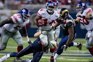 ST. LOUIS, MO - SEPTEMBER 14:  Ahmad Bradshaw #44 of the New York Giants rushes against the St. Louis Rams at the Edward Jones Dome on September 14, 2008 in St. Louis, Missouri.  The Giants beat the Rams 41-13.   (Photo by Dilip Vishwanat/Getty Images)