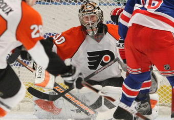 NEW YORK - MARCH 15: Antero Niittymaki #30 of the Philadelphia Flyers tends the net against the New York Rangers on March 15, 2009 at Madison Square Garden in New York City. (Photo by Bruce Bennett/Getty Images)