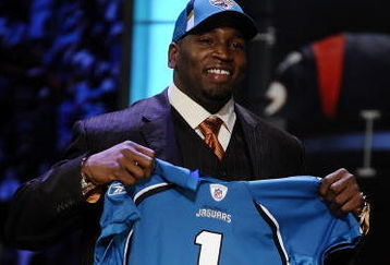 NEW YORK - APRIL 25:  Jacksonville Jaguars #8 draft pick Eugene Monroe poses with his new team jersey at Radio City Music Hall for the 2009 NFL Draft on April 25, 2009 in New York City  (Photo by Jeff Zelevansky/Getty Images)