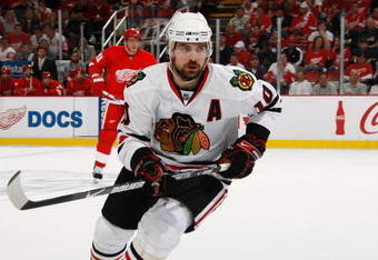 DETROIT - MAY 27:  Patrick Sharp #10 of the Chicago Blackhawks skates against the Detroit Red Wings during Game Five of the Western Conference Championship Round of the 2009 Stanley Cup Playoffs on May 27, 2009 at Joe Louis Arena in Detroit, Michigan. The Red Wings won 2-1 in overtime. (Photo by Gregory Shamus/Getty Images)