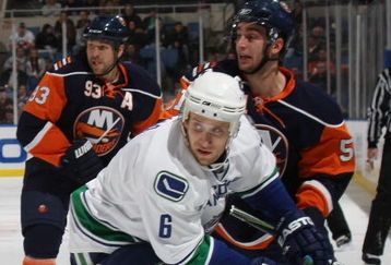 UNIONDALE, NY - NOVEMBER 17: Sami Salo #6 of the Vancouver Canucks skates against the New York Islanders on November 17, 2008 at the Nassau Coliseum in Uniondale, New York. (Photo by Bruce Bennett/Getty Images)