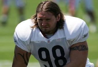 BOURBONNAIS, IL - JULY 30: Dusty Dvoracek #98 of the Chicago Bears takes a break during a summer training camp practice on July 30, 2007 at Olivet Nazarene University in Bourbonnais, Illinois. (Photo by Jonathan Daniel/Getty Images)  