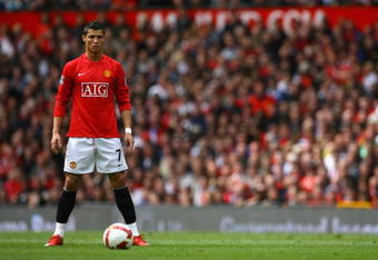 MANCHESTER, ENGLAND - MAY 10:  Cristiano Ronaldo of Manchester United lines up a free kick during the Barclays Premier League match between Manchester United and Manchester City at Old Trafford on May 10, 2009 in Manchester, England.  (Photo by Alex Livesey/Getty Images)