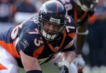 DENVER - SEPTEMBER 14:  Guard Chris Kuper #73 of the Denver Broncos lines up against the San Diego Chargers during NFL action at Invesco Field at Mile High on September 14, 2008 in Denver, Colorado. The Broncos defeated the Chargers 39-38.  (Photo by Doug Pensinger/Getty Images)