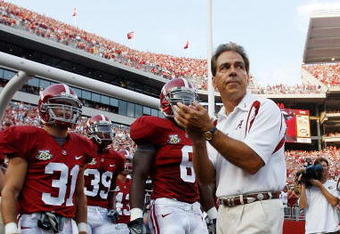 TUSCALOOSA, AL - SEPTEMBER 01:  Head Coach Nick Saban of Alabama prepares to take the field against Western Carolina on September 1, 2007 at Bryant-Denny Stadium in Tuscaloosa, Alabama. (Photo by Chris Graythen/Getty Images)