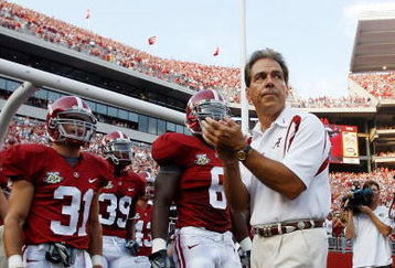 TUSCALOOSA, AL - SEPTEMBER 01:  Head Coach Nick Saban of Alabama prepares to take the field against Western Carolina on September 1, 2007 at Bryant-Denny Stadium in Tuscaloosa, Alabama. (Photo by Chris Graythen/Getty Images)