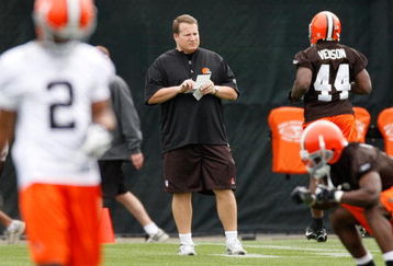 BEREA, OH - MAY 02: Head coach Eric Mangini of the Cleveland Browns looks on  during rookie mini camp at the Cleveland Browns Training and Administrative Complex on May 2, 2009 in Berea, Ohio.  (Photo by Gregory Shamus/Getty Images)