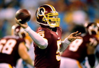 CHARLOTTE, NC - AUGUST 23   Colt Brennan #5 of the Washington Redskins throws a pass in the third quarter of  the NFL preseason game against the Carolina Panthers at Bank of America Stadium on August, 23, 2008 in Charlotte, North Carolina. (Photo by Steve Dykes/Getty Images)