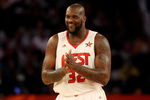 PHOENIX - FEBRUARY 15:  Shaquille O'Neal #32 of the Western Conference smiles during the first half of 58th NBA All-Star Game, part of 2009 NBA All-Star Weekend at US Airways Center on February 15, 2009 in Phoenix, Arizona.  NOTE TO USER: User expressly acknowledges and agrees that, by downloading and or using this photograph, User is consenting to the terms and conditions of the Getty Images License Agreement.  (Photo by Ronald Martinez/Getty Images)