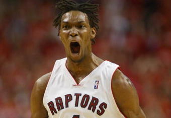 TORONTO,ON - APRIL 24:  Chris Bosh #4 of the Toronto Raptors celebrates another basket against the Orlando Magic in game 3 of the Eastern Conference quarterfinals on April 24, 2008 at the Air Canada Centre in Toronto, Ontario. (Photo by Claus Andersen/Getty Images)