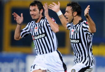 CATANIA, ITALY  - OCTOBER 29:  Gaetano D'Agostino and Fabio Quagliarella of Udinese celebrate a goal during the Serie A match between Catania and Udinese at the Stadio Massimino on October 29, 2008 in Catania, Italy. (Photo by New Press/Getty Images)