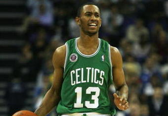 LONDON - OCTOBER 10:  Gabe Pruitt of Boston controls the ball during NBA Europe Live 2007 Tour match between the Boston Celtics and the Minnesota Timberwolves at the O2 Arena on October 10, 2007 in London, England.  NOTE TO USER: User expressly acknowledges and agrees that, by downloading and or using this Photograph, user is consenting to the terms and conditions of the Getty Images License Agreement.  (Photo by Bryn Lennon/Getty Images)