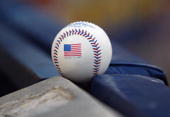 ATLANTA - SEPTEMBER 11:  Detail of the commemorative baseball used in the second game of a MLB double-header between the Atlanta Braves and the New York Mets on September 11, 2002 at Turner Field in Atlanta, Georgia.  The Mets shut out the Braves 5-0.  (Photo by Jamie Squire/Getty Images) 