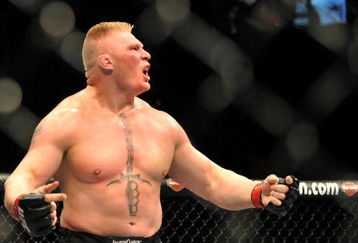 LAS VEGAS - JULY 11:  Brock Lesnar reacts after knocking out Frank Mir during their heavyweight title bout during UFC 100 on July 11, 2009 in Las Vegas, Nevada.  (Photo by Jon Kopaloff/Getty Images)