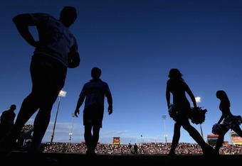 WOLLONGONG, AUSTRALIA - JULY 12:  Sea Eagles players and cheer girls are seen out before the round 18 NRL match between the St George Illawarra Dragons and the Manly Warringah Sea Eagles at WIN Stadium on July 12, 2009 in Wollongong, Australia.  (Photo by Mark Nolan/Getty Images)