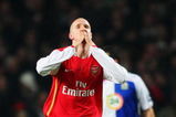 LONDON - FEBRUARY 11:  Philippe Senderos of Arsenal celebrates opening the scoring during the Barclays Premier League match between Arsenal and Blackburn Rovers at the Emirates Stadium on February 11, 2008 in London, England.  (Photo by Clive Mason/Getty Images)
