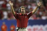 ATLANTA - AUGUST 30:  Head coach Nick Saban of the Alabama Crimson Tide directs his team late in the game against the Clemson Tigers at the Georgia Dome on August 30, 2008 in Atlanta, Georgia. Alabama defeated Clemson 34-10.  (Photo by Doug Benc/Getty Images)