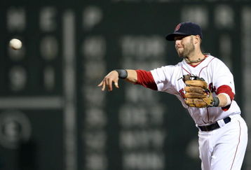 BOSTON - JULY 07:  Dustin Pedroia #15 of the Boston Red Sox sends the ball to first on a hit from Adam Kennedy of the Oakland Athletics on July 7, 2009 at Fenway Park in Boston, Massachusetts.  (Photo by Elsa/Getty Images)