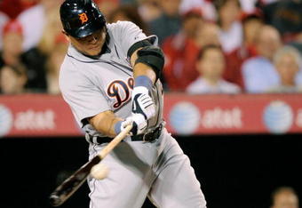 ANAHEIM, CA - APRIL 22:  Miguel Cabrera #24 of the Detroit Tigers hits a single against the Los Angeles Angels of Anaheim during the third inning of the baseball game at Angel Stadium on April 22, 2009 in Anaheim, California.  (Photo by Kevork Djansezian/Getty Images)