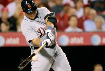 ANAHEIM, CA - APRIL 22:  Miguel Cabrera #24 of the Detroit Tigers hits a single against the Los Angeles Angels of Anaheim during the third inning of the baseball game at Angel Stadium on April 22, 2009 in Anaheim, California.  (Photo by Kevork Djansezian/Getty Images)