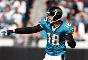 JACKSONVILLE, FL - NOVEMBER 23:  Matt Jones #18 of the Jacksonville Jaguars lines up during the game against the Minnesota Vikings at Jacksonville Municipal Stadium on November 23, 2008 in Jacksonville, Florida.  (Photo by Sam Greenwood/Getty Images)