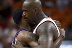 MIAMI - FEBRUARY 01:  Shaquille O'Neal #32 of the Miami Heat greets LeBron James #23 of the Cleveland Cavaliers before the game at American Airlines Arena February 1, 2007 in Miami, Florida. NOTE TO USER: User expressly acknowledges and agrees that, by downloading and or using this photograph, User is consenting to the terms and conditions of the Getty Images License Agreement.  (Photo by Doug Benc/Getty Images)