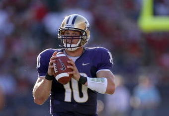 SEATTLE - SEPTEMBER 13:  Quarterback Jake Locker #10 of the Washington Huskies during the game against the Oklahoma Sooners on September 13, 2008 at Husky Stadium in Seattle, Washington. The Sooners defeated the Huskies 55-14.(Photo by Otto Greule Jr/Getty Images) 