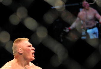 LAS VEGAS - JULY 11:  Brock Lesnar reacts after knocking out Frank Mir during their heavyweight title bout during UFC 100 on July 11, 2009 in Las Vegas, Nevada.  (Photo by Jon Kopaloff/Getty Images)