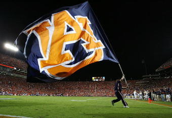 AUBURN, AL - SEPTEMBER 20:  A member of the Auburn Tigers celebrates after the offense scored against the LSU Tigers at Jordan-Hare Stadium on September 20, 2008 in Auburn, Alabama. LSU defeated Auburn 26-21.  (Photo by Doug Benc/Getty Images)