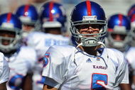 NORMAN, OK - OCTOBER 18:  Quarterback Todd Reesing #5 of the Kansas Jayhawks before a game against the Oklahoma Sooners at Memorial Stadium on October 18, 2008 in Norman, Oklahoma.  (Photo by Ronald Martinez/Getty Images)