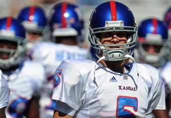 NORMAN, OK - OCTOBER 18:  Quarterback Todd Reesing #5 of the Kansas Jayhawks before a game against the Oklahoma Sooners at Memorial Stadium on October 18, 2008 in Norman, Oklahoma.  (Photo by Ronald Martinez/Getty Images)