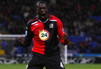 BOLTON, UNITED KINGDOM - JANUARY 13:  Christopher Samba of Blackburn Rovers celebrates after scoring the equalizing goal during the Barclays Premier League match between Bolton Wanderers and Blackburn Rovers at the Reebok Stadium on January 13, 2008 in Bolton, England.  (Photo by Alex Livesey/Getty Images)