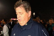 LOS ANGELES, CA - NOVEMBER 29:  Head coach Charlie Weis of the Notre Dame Fighting Irish walks off the field after the game against the USC Trojans at Los Angeles Memorial Coliseum on November 29, 2008 in Los Angeles, California. The Trojans defeated the Fighting Irish 38-3.  (Photo by Christian Petersen/Getty Images)