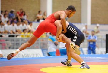 PESCARA, ITALY - JUNE 29:  Anthony Junior of Italy (red) and Goran Bulatovic of Serbia (blue) compete during the Men's Freestyle 84Kg  event on June 29, 2009 during the XVI Mediterranean Games in Pescara, Italy.  (Photo by Getty Images/Getty Images)