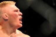 LAS VEGAS - JULY 11: Brock Lesnar reacts after knocking out Frank Mir during their heavyweight title bout during UFC 100 on July 11, 2009 in Las Vegas, Nevada. (Photo by Jon Kopaloff/Getty Images)