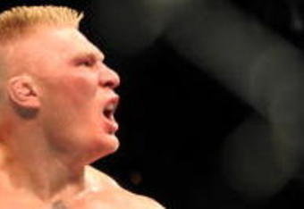 LAS VEGAS - JULY 11:  Brock Lesnar reacts after knocking out Frank Mir during their heavyweight title bout during UFC 100 on July 11, 2009 in Las Vegas, Nevada.  (Photo by Jon Kopaloff/Getty Images)